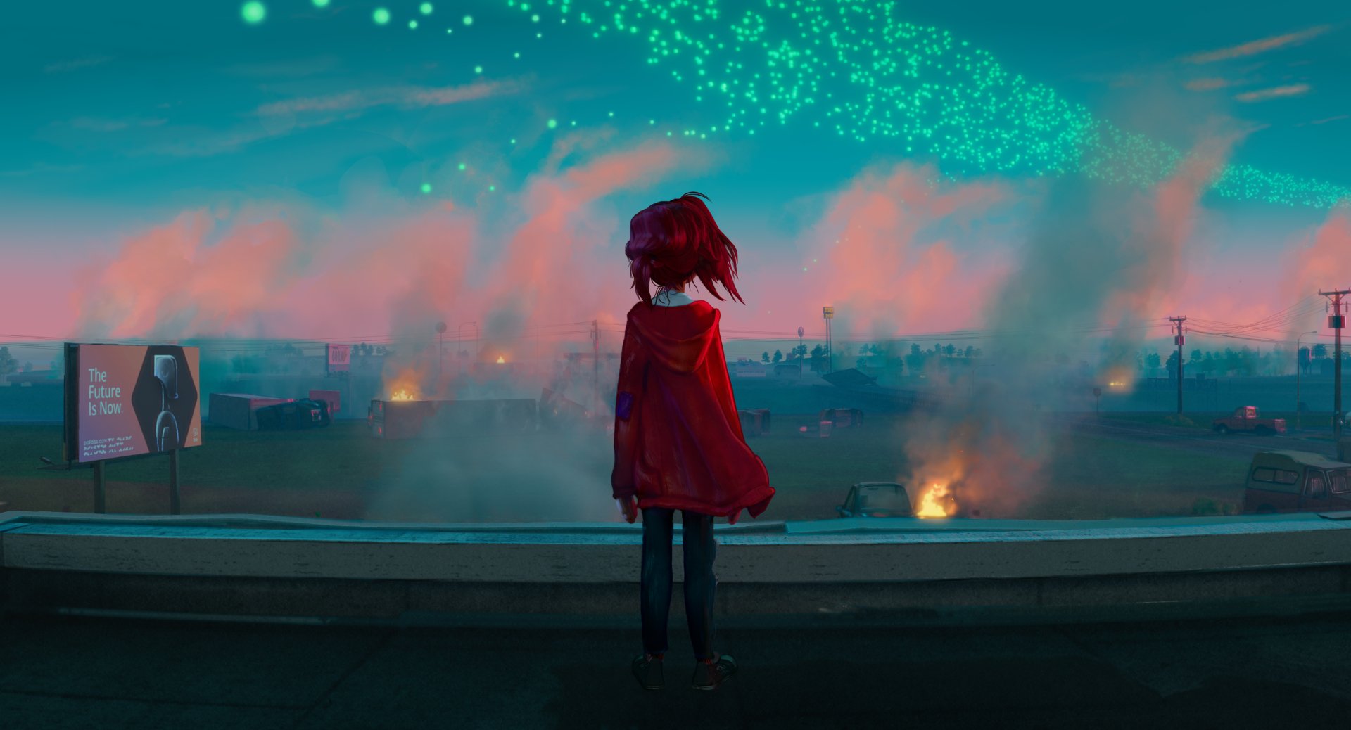 Katie Mitchell from The Mitchells vs. The Machines stands pensively on a rooftop, gazing at a smoky and colorful evening sky. HD desktop wallpaper and background.