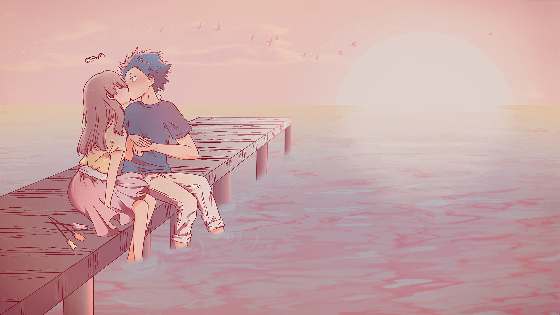 Shouya Ishida and Shouko Nishimiya from A Silent Voice share a tender moment on a pier at sunset in this HD anime desktop wallpaper.