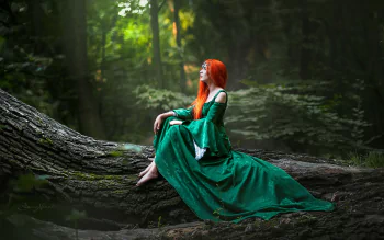 Enchanting Orange-Haired Cosplay Model in Green Dress  HD Forest Wallpaper  | 3000x2000 | Wallpaper Abyss