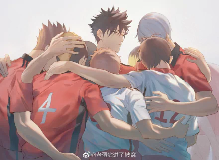 Anime characters Taketora Yamamoto, Morisuke Yaku, Yūki Shibayama, Tetsurō Kuroo, Kenma Kozume, Nobuyuki Kai, Sō Inuoka, and Lev Haiba from Haikyū!! huddle together in this HD desktop wallpaper.