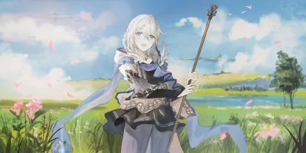 Noah from Granblue Fantasy with white hair, holding a staff in a scenic flower-filled meadow under a bright blue sky, captured in an HD anime-style wallpaper.