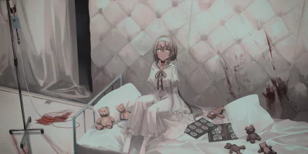 Anime-style HD desktop wallpaper featuring a short-haired girl in a white dress sitting on a bed in a dimly lit, eerie room with teddy bears and scattered objects.
