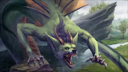 A fierce green fantasy creature with horns and sharp teeth snarls on rocky terrain, captured in high-definition artwork for a PC desktop wallpaper.