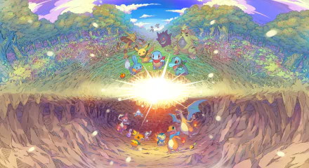 HD desktop wallpaper from the video game Pokémon Mystery Dungeon: Rescue Team DX, featuring various Pokémon gathered around a glowing light in a vibrant, colorful landscape.