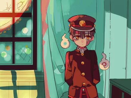 HD anime desktop wallpaper featuring Hanako-kun from Toilet-bound Hanako-kun standing indoors with two floating spirits beside him, illuminated by warm window light.