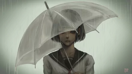 Anime-style original artwork of a girl holding a transparent umbrella in the rain, featured as a 4K Ultra HD PC desktop wallpaper with a muted, rainy atmosphere.