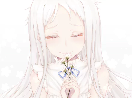 Meiko Honma from Anohana holding white flowers with a serene expression, depicted in a soft, high-resolution 4K Ultra HD anime-style desktop wallpaper.