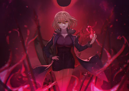 Avenger Jeanne d'Arc Alter from Fate/Grand Order stands confidently in dark, fiery surroundings in this 4K Ultra HD anime desktop wallpaper.