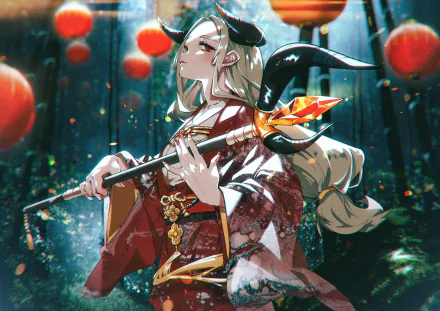 Anime-style original character with black horns and glowing red eyes, holding a fiery spear, set against a vibrant, lantern-lit background in HD desktop wallpaper quality.