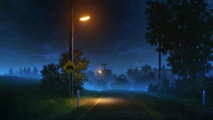 Anime-style HD PC desktop wallpaper depicting a quiet road at night, illuminated by streetlights under a deep blue sky with silhouetted trees.