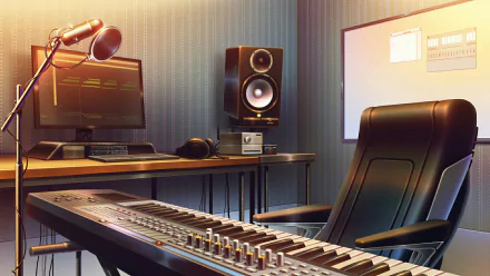 HD anime-style desktop wallpaper showcasing a music studio setup with a chair, microphone, computer, speakers, and a piano keyboard.