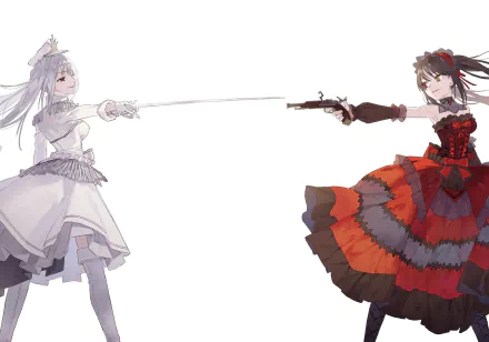 Anime-style HD wallpaper featuring Kurumi Tokisaki and White Queen from Date A Live and Date A Bullet, both striking dynamic poses with contrasting white and red outfits.