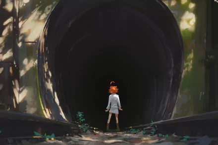 Emma from The Promised Neverland stands facing a dark tunnel, wearing a skirt, in this HD anime desktop wallpaper.