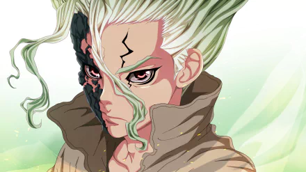 HD anime desktop wallpaper featuring Senku Ishigami from Dr. Stone, showcasing his determined expression and distinctive cracked face mark.