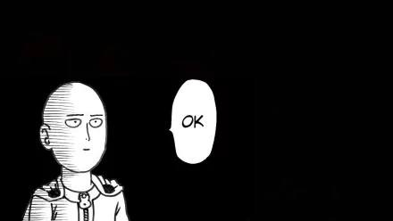 HD PC desktop wallpaper featuring Saitama from One-Punch Man anime, depicted with a simple expression and speech bubble saying OK against a black background.