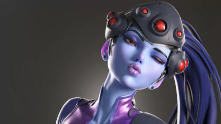 Widowmaker from Overwatch in a detailed 4K Ultra HD PC desktop wallpaper, showcasing her blue skin, headgear with red lenses, and a confident expression.