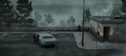HD PC desktop wallpaper: Silent Hill 2 video game scene — fog-shrouded coastal parking lot with an abandoned car and a lone figure by the wall.