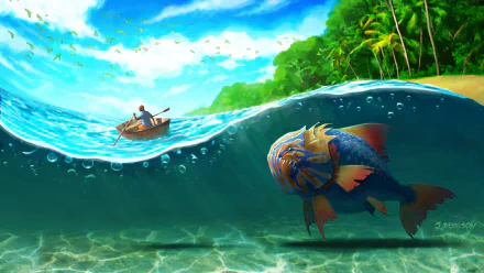 HD fantasy desktop wallpaper featuring a giant sea monster fish beneath clear ocean waters, with a small boat and tropical island in the background.
