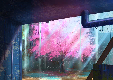 HD anime wallpaper featuring a beautiful sakura tree in a fall setting, viewed through an industrial structure with pipes and beams.