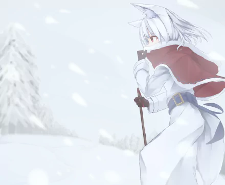 Anime-style character with short white hair and animal ears skiing through a snowy winter landscape, featuring soft falling snow and muted winter tones.