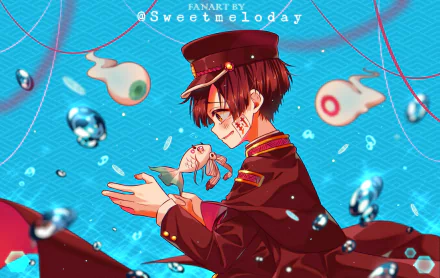 HD anime desktop wallpaper featuring Hanako-kun from Toilet-bound Hanako-kun, surrounded by floating water droplets and spirits, showcasing vibrant colors and dynamic composition.