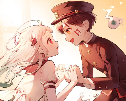 HD anime PC wallpaper featuring Yashiro Nene and Hanako-kun from Toilet-bound Hanako-kun holding hands and gazing at each other in a warm, glowing scene.