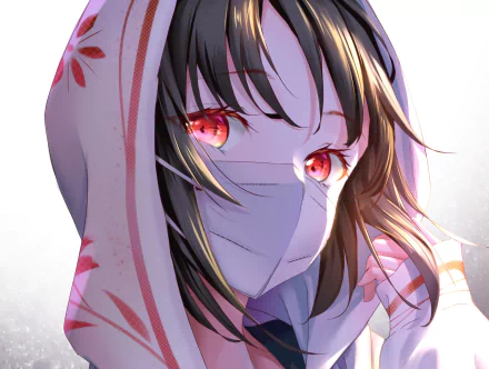 HD anime-style desktop wallpaper featuring a character with black hair, red eyes, and a mask, blending original art with striking light and shadow effects.