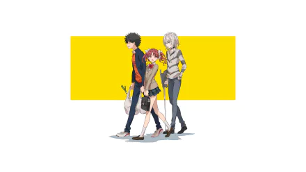 4K Ultra HD desktop wallpaper featuring Accelerator, Kuroko Shirai, and Kamijou Touma from the anime A Certain Magical Index against a yellow rectangular background.