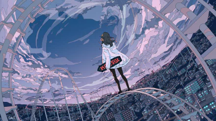 An anime-style cityscape HD wallpaper shows a person standing on a roller coaster track, overlooking a vast urban skyline under a swirling evening sky, exuding a sense of wonder and adventure.