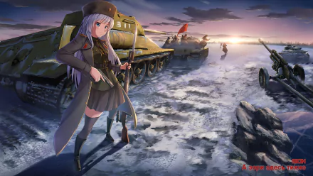 Anime-style HD PC desktop wallpaper featuring a female soldier holding a gun, standing confidently in front of military tanks on a snowy battlefield at sunset.