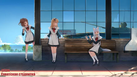 HD anime desktop wallpaper featuring original characters in school uniforms at a bright train station platform with clear blue skies reflected in the windows.