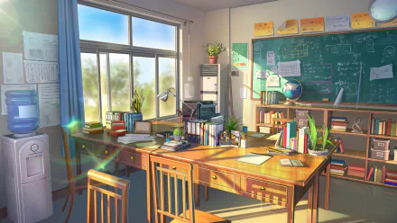 HD anime-style wallpaper featuring a sunlit study room with a desk, books, and a chalkboard.