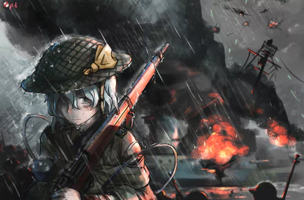 2K Quad HD PC wallpaper of Koishi Komeiji (Touhou) — anime-style, rain-soaked battlefield; she grips a rifle amid burning wreckage and dark skies.