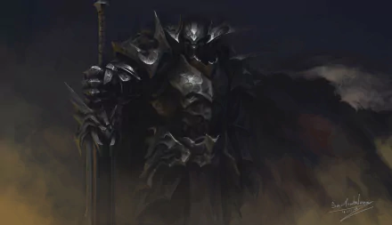 HD PC desktop wallpaper featuring a dark fantasy warrior knight clad in heavy armor, standing with a large sword amid a shadowy, ominous background.