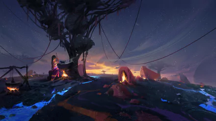 An anime character with black hair and yellow eyes sits by a tree with a cat, watching a breathtaking sunset on an alien landscape. The scene is vibrant and serene, making for a stunning HD desktop wallpaper.