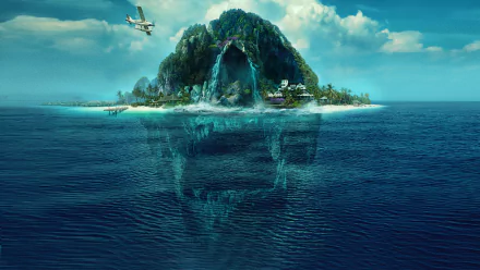 4K Ultra HD Fantasy Island movie wallpaper showing a tropical island with a hidden skull shape beneath the water, blending adventure and mystery on a PC desktop background.