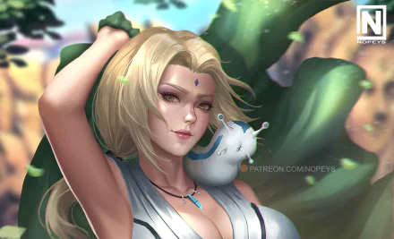 HD PC desktop wallpaper featuring anime characters Tsunade and Katsuyu from Naruto, set against a vibrant natural background with detailed, stylized artwork.