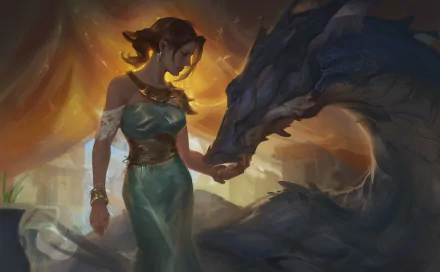 HD fantasy desktop wallpaper depicting a serene moment between a woman in an elegant dress and a dragon, with warm, glowing light in the background creating a mystical mood.