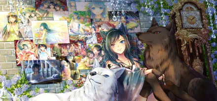 Anime-style HD desktop wallpaper featuring a blue-eyed character with wolf ears and heterochromia, surrounded by a white wolf, a dark wolf, and various artworks with a clock in the background.