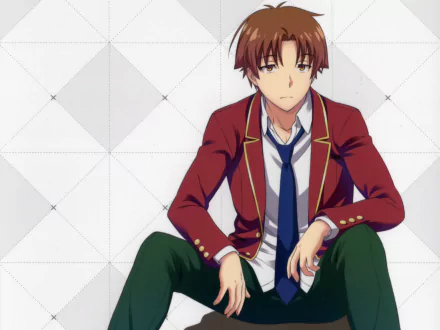 HD PC desktop wallpaper featuring Kiyotaka Ayanokōji from the anime Classroom of the Elite, depicted seated in his school uniform against a subtle geometric background.