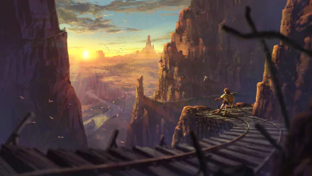 Anime-style HD wallpaper featuring a sunrise over a desert landscape with a railroad. The scene includes rocky cliffs and a lone figure gazing into the horizon.