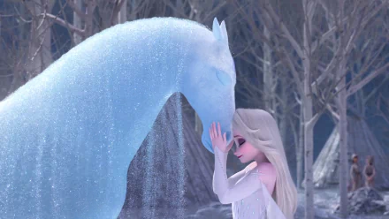 Elsa from Frozen 2 gently touches a glowing ice horse in a winter forest, depicted in a 4K Ultra HD PC desktop wallpaper.