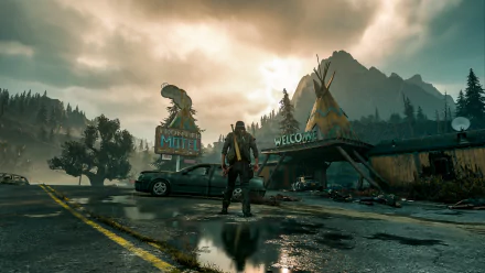 Deacon St. John from the video game Days Gone stands on a wet road at dusk near a rustic motel and teepee in this detailed 4K Ultra HD PC desktop wallpaper.
