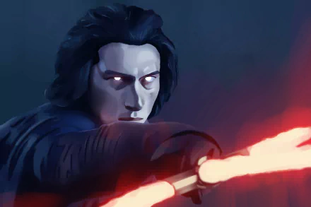 HD PC desktop wallpaper of Kylo Ren (Star Wars) wielding a glowing red crossguard lightsaber, pale face and white eyes against a dark sci‑fi backdrop.