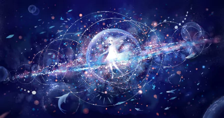 A stunning HD desktop wallpaper featuring an original anime illustration set in space. Celestial elements and starry accents surround a central figure, creating a dreamlike cosmic scene.