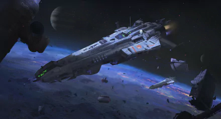 HD sci-fi desktop wallpaper featuring a detailed spaceship navigating through asteroid debris with planets and a glowing horizon in the background.
