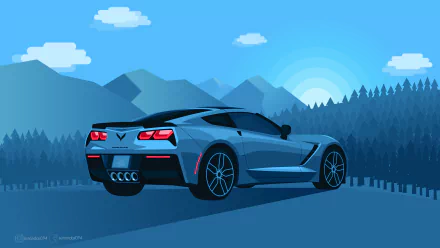 Vector illustration of a sleek, blue Chevrolet Corvette, set against a scenic backdrop of mountains and trees, in HD quality as a desktop wallpaper and background.