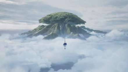 HD PC desktop wallpaper from the video game Star Wars Jedi: Fallen Order, featuring a floating forest island above the clouds with a figure hanging beneath it.