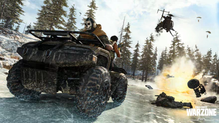 A 4K Ultra HD PC desktop wallpaper featuring intense combat from Call of Duty: Warzone, showing armed soldiers, a quad bike, and a helicopter in a snowy forest setting.