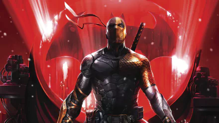 Deathstroke from DC Comics stands poised with swords on his back against a glowing red bat symbol in this 4K Ultra HD comic PC desktop wallpaper.